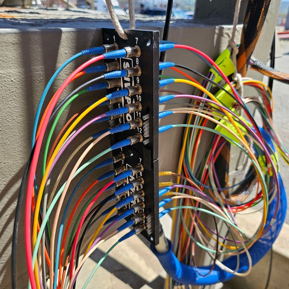 ST Patch Panel on a pole with a row of blue jumpers