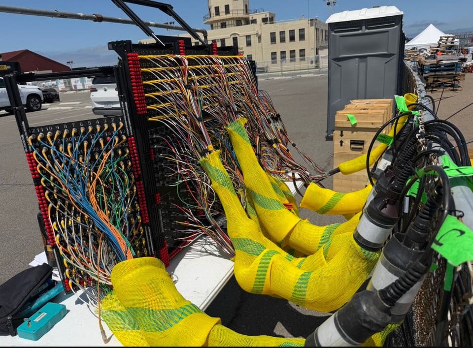 Control Station in the field with dozens of fiber runs patched and yellow sleeving