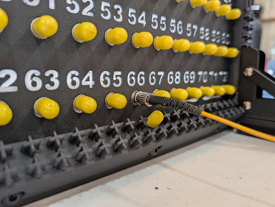 Close-up of ST connectors and numbered ports on a Control Station panel