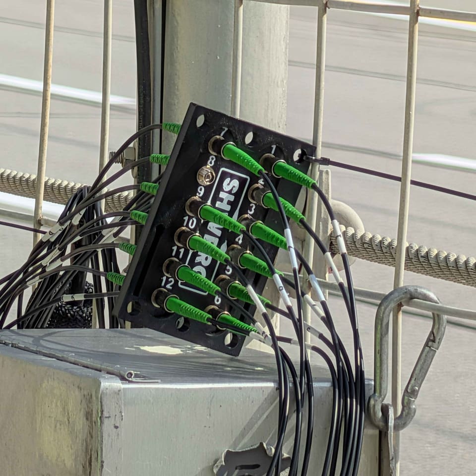FC Patch Panel on a fence with green FC connectors and black jumpers
