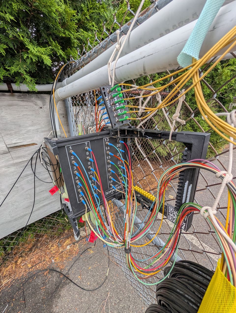 The Frame mounted to a pipe with dense fiber runs in the field